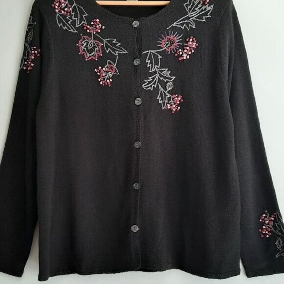 TANJAY / Floral Embroidered Button Down Fine Knit Cardigan Sweater Black Sz M P - Picture 3 of 15